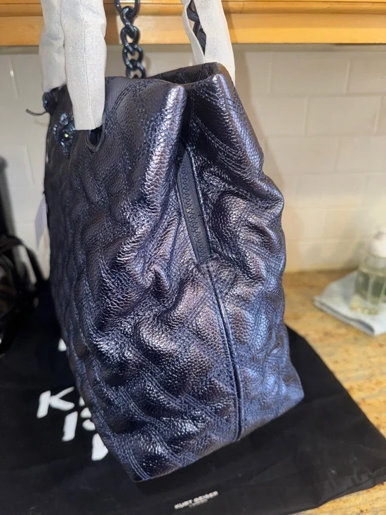 Kurt Geiger Metallic Deep Navy Quilted Tote with Chain-Trim Straps - Picture 13 of 15